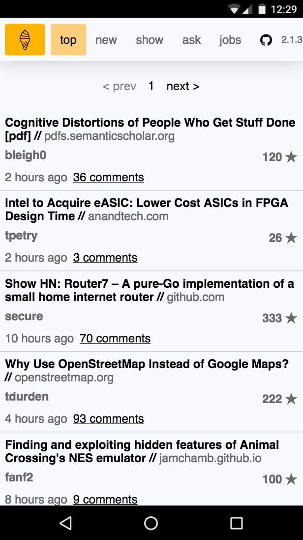 Vanilla HN HN PWA running on a mobile phone